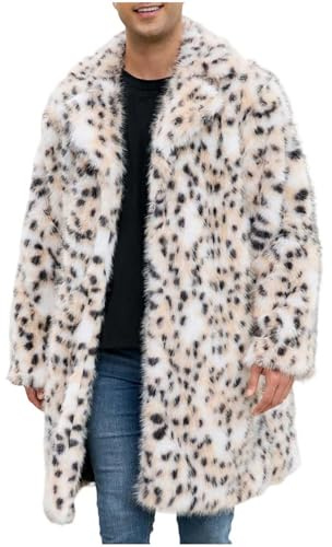 UHouse Pelzmantel Herren Lang Wintermantel Warm Winter Fellmantel Leopard Kunstfell Mantel Outdoor Plüsch Winterjacke Lange Pelzjacke Reverskragen Felljacke Männer Kunstpelz Mäntel Weiß XL