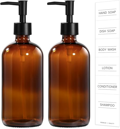 Washing Up Liquid Dispenser, 2 Pack Hand Soap Dispenser with Plastic Pump, 17 Fl Oz Kitchen Dish Soap Dispenser Set, Modern Vintage Liquid Amber Glass Soap Dispensers Bottle(2PCS, Amber)