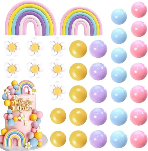 Cake Decoration, 35 Pcs Colorful Flowers Balls Cake Decorations Rainbow Cakes Toppers Rainbow Birthday Decoration Happy Birthday Decor for Birthdays Party Supplies Baby Shower Wedding Decorations