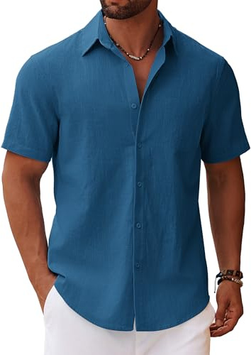 COOFANDY Camicia da Uomo a Maniche Corte Camicia Estiva in Lino Camicie in Cotone con Taschino Camicie a Maniche Corte da Spiaggia Casual Vacanze Blu Navy M