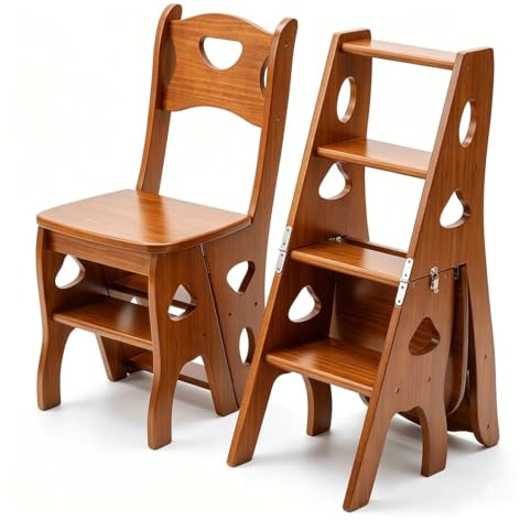 RASJCGRCOA Sedia Scaletta in Legno Massello 2 in 1, Sgabello Trasformabile in Scaletta, Mobile Multifunzione Pieghevole per Cucina e Camera da Letto, Scaletta Libreria in Legno(Honey)