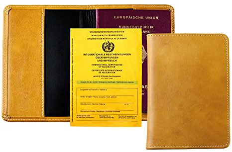 DELMON VARONE - Personalisierbare Reisepasshülle Vintage Leder Braun - Schutzhülle Etui für Reisepass & Passport - Organizer Tasche für Erwachsene für Impfbuch, Impfpass & Impfausweis personalisiert