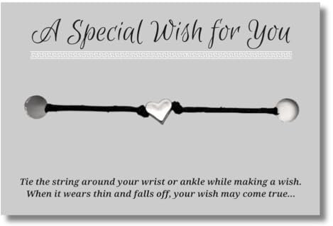 Small Heart Black Wish Bracelet, Hemp with Tibetan Silver Charm on Printed Card, 12 inches long, Adjustable Tie On Unisex Design, Friendship Anklet, Love Gift for Women