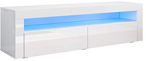 SONNI TV-Schrank mit LED (16 Farben), 2 Türen, Hochglanz Weiß, 155x40x45cm | Lowboard für Fernseher bis zu 60 Zoll, TV Board mit Großer Stauraum, TV-Regal für Wohnzimmer, Esszimmer, Schlafzimmer