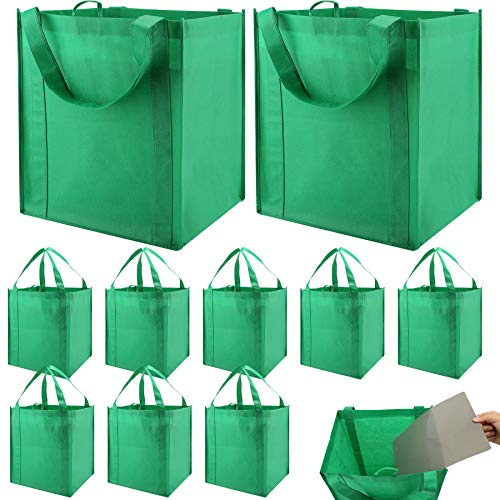 NERUB Set of 10 Reusable Grocery Bags Heavy Duty Shopping Bags Large Grocery Totes with Reinforced Bottom Super Sturdy Handles, Green