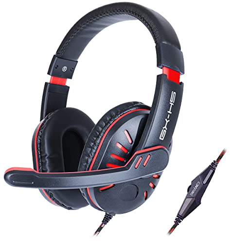 ENHANCE GX-H5 Casque Gaming avec Microphone Rotatif pour PS5, PS4, Xbox, PC, Switch - Bandeau Souple Réglable, Contrôleur de Volume avec Câble Tressé, Câble répartiteur Inclus (Rouge)