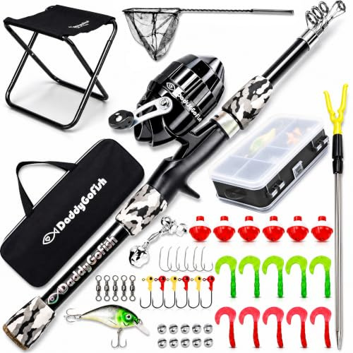 DaddyGoFish Kids Fishing Pole - Rod Reel Combo Tackle Box Starter Set - First Year Small Dock Gear Kit for Boys Girls Toddler Youth Age Beginner Little Children Junior Anglers (Black, 5ft)