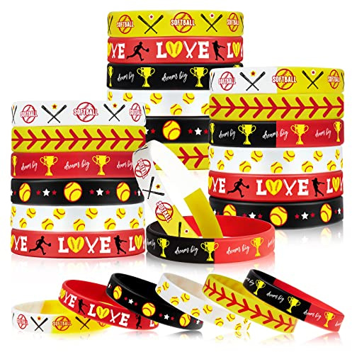 36 Pieces Softball Motivational Bracelet Silicone Baseball Inspirational Bracelets Party Silicone Rubber Wristbands Men Bands Bracelet Stretch Wristbands for Sport Theme Party Supplies (Softball