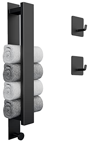 Handtuchhalter Ohne Bohren, Gästehandtuchhalter Selbstklebend, Edelstahl Handtuchstange Wandmontage mit 2 Handtuchhaken für Badezimmer und Küche (40cm,Matt Schwarz)