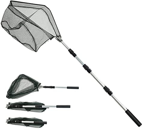 Telescopic Folding Fishing Landing Net, 1.5m Pole Collapsible Extensible Aluminum long Handle,Stainless Steel Triangular,For Bird Fish Catch,Aquarium,Ponds Floating Objects,Carp Trout (Triangle)
