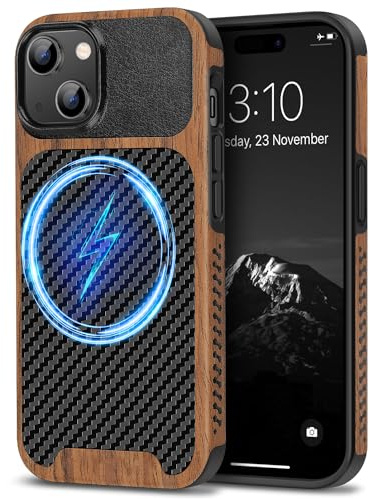 TENDLIN Magnetische Schutzhülle Kompatibel mit iPhone 15 Hülle Holz und Carbon Textur Design Leder Hybrid Handyhülle (kompatibel mit MagSafe) Schwarz