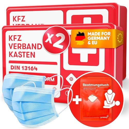 PURAHELP 2x KFZ Verbandskasten nach aktueller Norm 2025 DIN 13164 (StVO konform) - Inkl. Beatmungstuch, 2x Klettstreifen - Erste Hilfe Set Auto Verbandskasten 2025