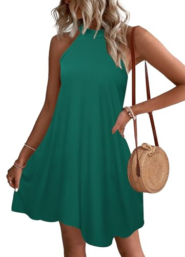 WNEEDU Abito Donna Estivo Vestito Spiaggia Senza Maniche Abito Cort Casual Collo Sospeso Copricostume con Tasche Verde Scuro M