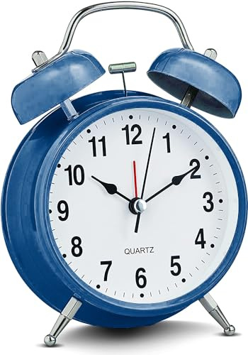 Bernhard Products Analog Alarm Clock 4 Twin Bell Vintage Navy Blue Silent Non-Ticking Quartz Battery Operated Extra Loud with Backlight for Bedside Table Desk, Retro Old Fashioned for Heavy Sleepers