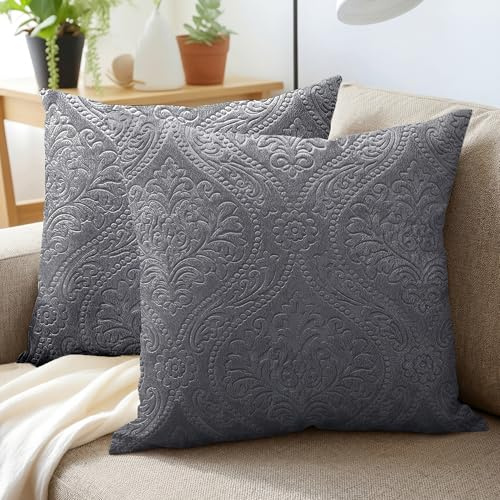 Encasa XO Samt Kissenbezug, ohne Füllung 40x40 cm Grey | Geprägtes Damast-Muster | Weicher Plüsch-Samt | Verdeckter Reißverschluss | Langlebig & Waschbar | 2er-Set