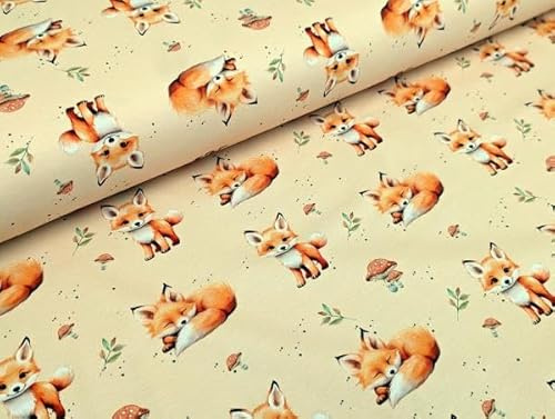 Eigenproduktion French Terry Sweet Baby Fuchs auf Hell Ocker Stoff Meterware Kleiderstoff Kinderstoff