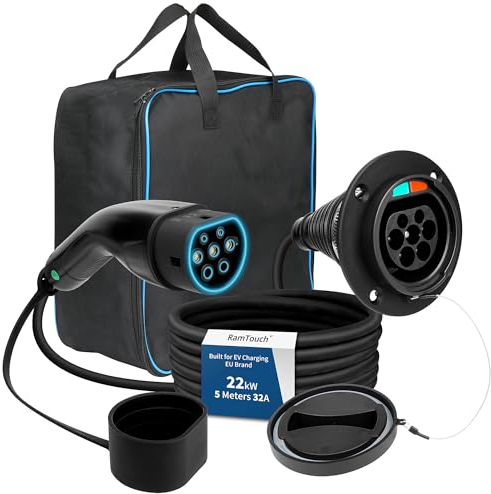 RamTouch Cavo Prolunga Tipo 2 (32 A, 22 kW, 5 Metri, Trifase) | Cavo di Estensione Compatibile con Caricatori per Auto Elettriche, Stazioni di Ricarica e Wallbox per EV/PHEV