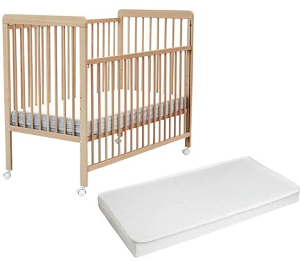 AT4 - Babybett Holz mit Matratze 60x120 ESSENTIEL Buche Lackierte |Kinderbett | Mit 4 rollen | Mit Verstellbarer Lattenrost 3 stufen