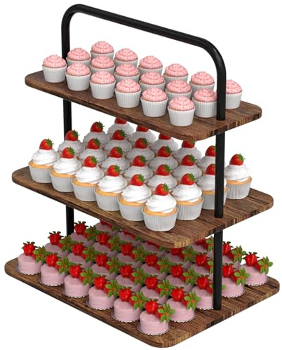 VyGrow 3-Tier Cake Stand, Wooden Cupcake Stand for Birthday Cady Bar Decor Weddings, Party Serving Tray, Rectangle Display Rack