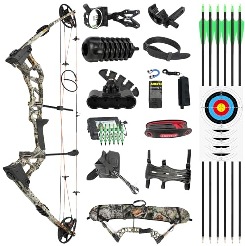 33 tum Compoundbåge Set - 0-70 lbs Justerbar, IBO 320 fps, Magnesiumhantel Med CNC Dubbla Kuggar, Gordonbåge från USA för Jakt och Målskjutning (Camo)