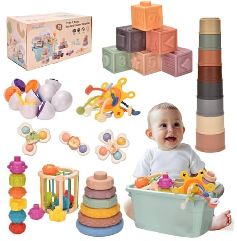 Majabike Jouets Bébés pour 6 à 12 Mois, Jeux montessoriii 1 an,Montessoriii Bebe eveil 9-18 Mois,Jouet sensoriel Bebe,avec Bebe Cube d'activité, œufs à associer, Jouet à Ventouse à Rotation,Nouveau