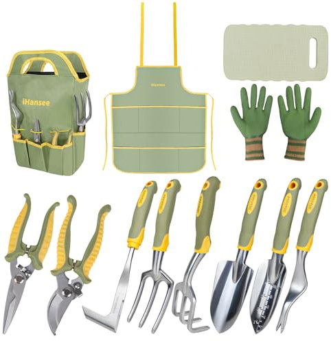Set of 12 Garden Tool, iHansee Heavy-Duty Aluminum Gardening Hand Tools with Rubber Non-Slip Handle, Garden Apron, Gloves, Kneeling Pad and Storage Bag, Garden Hand Tools Starter Kit Landscaping Tools