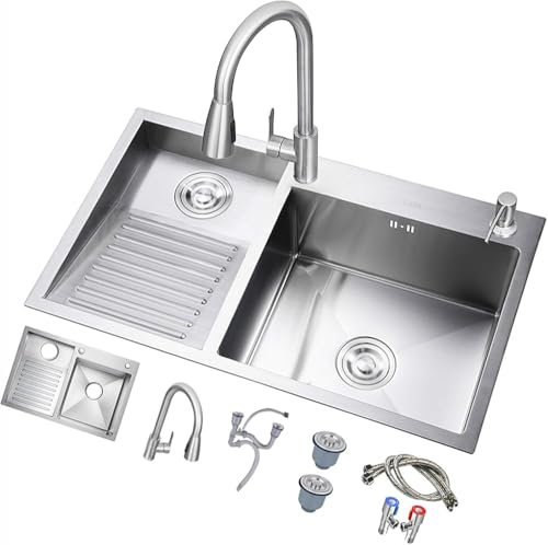 Doppelwaschbecken für Badezimmer, Haushalts-Edelstahl-Waschtisch, Waschbecken mit Waschbrett, ausziehbarer Wasserhahn, leicht zu reinigen (Größe: 60 x 48 x 22 cm)