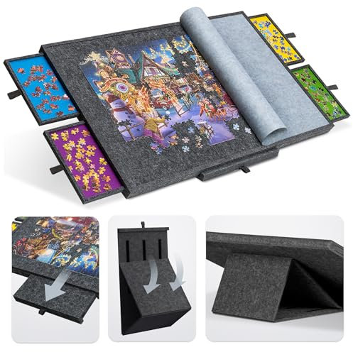 Tektalk Puzzletisch mit integriertem verstellbarem Ständer/Halterung, 3-Kippwinkel, superleichtes Filzpuzzle-Plateaubrett mit Abdeckung und 4 Sortierschubladen, für bis zu 1500 Teile - grau