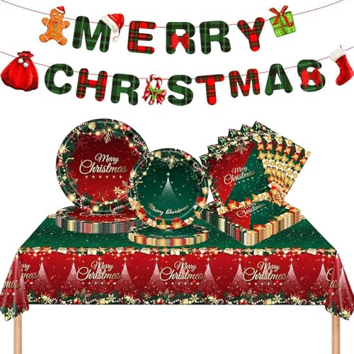 Christmas Table Decoration, 38Pcs Christmas Decorations, Xmas Disposable Plates, Napkins, Table Cloth and Banner,Christmas Party Tableware Set Suitable for Christmas Party