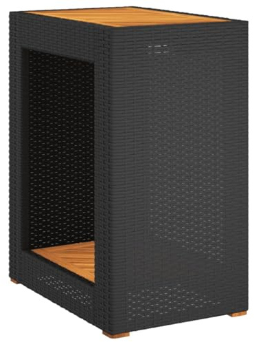 Makastle Garten Beistelltisch, klein Balkontisch, Gartentisch mit Holzplatte, Holztisch, Kaffeetisch für Garten, Balkon, Wohnzimmer, Schwarz 60 x 40 x 75 cm Poly Rattan