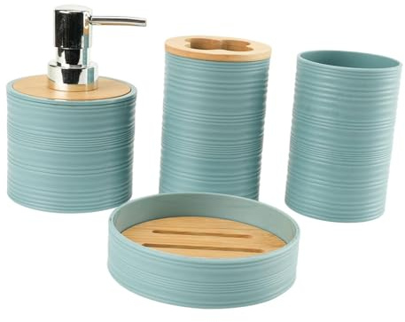F Fityle Set de 4 Accessoires pour Salle de Bain avec Porte-Brosse à Dents et Distributeur de Savon, Bleu