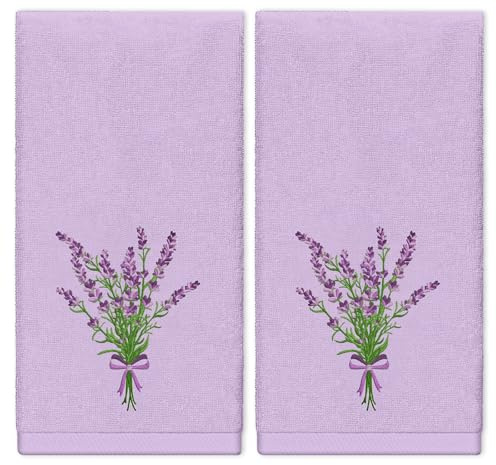 FYSUIMU 2Pcs Lavender Flower Hand Towels Cotton Embroidered Floral Bathroom Towels Light Purple Absorbent Bath Towels for Spring Summer Hand Drying Cleaning Cooking, 29.5 x 13.7 Inch