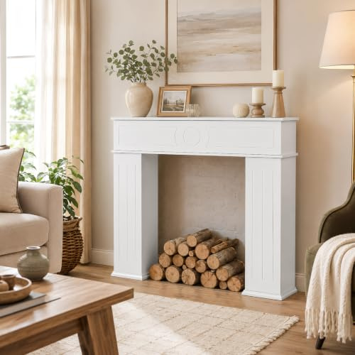 Kaminkonsole Weiss Mit Stauraum, Kaminschrank Schmal, Kaminumrandung Deko Holz, Kaminrahmen Deko, Regal Mit Geheimfach, Lackierter Dreitüriger Kaminattrappe Schrank Für Wohnzimmer, 107x100cm (Weiß)