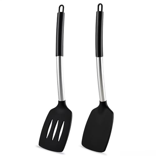 Hicoosee - Juego de 2 espátulas de cocina divididas antiadherentes, utensilios de cocina resistentes al calor y sin BPA, juego de espátulas para cocinar, asar, voltear huevos, pescado, color negro
