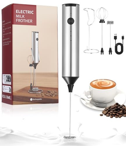 Hixava Milchaufschäumer Elektrisch,Tragbarer Milchaufschäumer Mit 3 Geschwindigkeiten Und Standfuß Milchaufschäumer Stab Mit 2 Edelstahl-Schneebesen Für Matcha Heiße Schokolade Cappuccino (Silbrig)