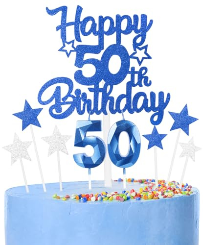 Royal Blue Happy 50th Birthday Candles Cake Topper Set,Number 50 Birthday Candles with 50th Birthday Cake Toppers Star Cupcake Toppers for Boys Men Birthday Anniversary Decorations