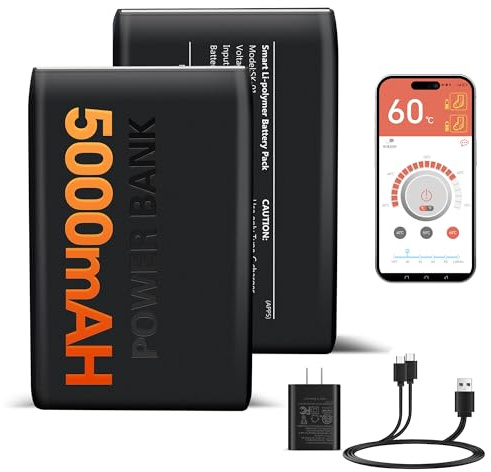 WAMOVAL 2Pack 5V 5000mAh Li-Polymer Rechargeable Batteries for Heated Socks Insoles Gloves Hat Scarf Spare Battery, Replacement Battery with 4 Setting