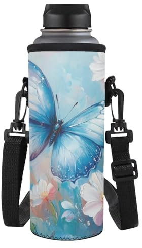 Dolyues Sac à bouteille isotherme bleu pour femme de 1 L pour le travail et le yoga - Housse de bouteille d'eau en polyester durable (Becherhalter) 9,7 x 25,9 cm