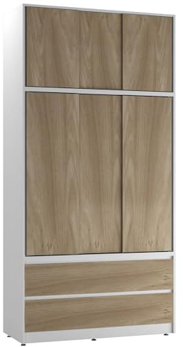 URBNLIVING 240cm Sliding Door Wardrobe with 6 Doors & 4 Drawers, Freestanding Bedroom Closet with Hanging Rail & Storage, Engineered Wood, 120cm Wide, Modern Design