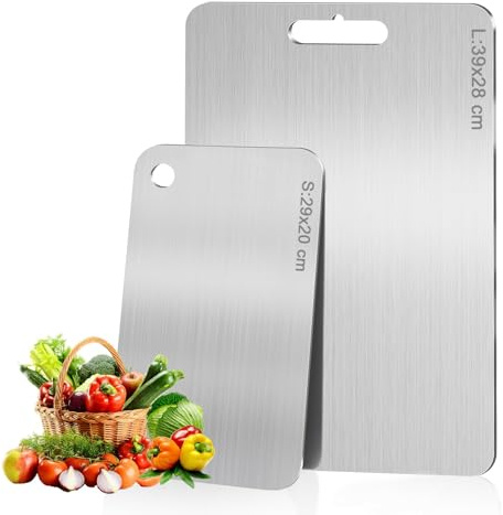 2 Pezzi Tagliere Acciaio Inox, Tagliere in Titanio per Cucina, Doppio Lato Igienico e Resistente, Ideale per Carne, Frutta e Verdura in Cucina