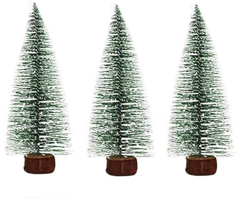 VELOKOVA Mini-Weihnachtsbäume, schneebedeckt, mit Holzsockel, stabiler Basis, 10,2 cm, Flaschenbürste, Schreibtisch-Dekoration für Weihnachten, Urlaub, Büro, Regal, festliche Miniatur-Dekorationen