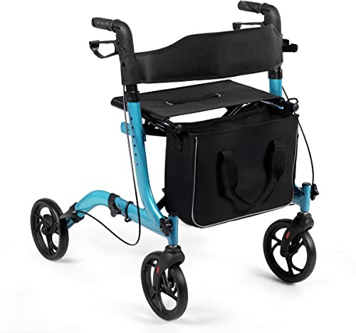 HOMASIS 2 in 1 Rollstuhl Rollator faltbar & leicht mit Sitz, Alu Gehhilfe 6-fach höhenverstellbar, Gehwagen für Senioren, Reiserollator Laufhilfe mit Stockhalter, Tasche, bis zu 136 kg (Blau)