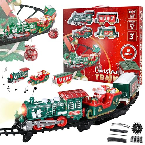 Train de Noël flottant pour sapin de Noël - Diamètre : 80 cm - En plastique - Son lumineux - Chemin de fer électrique - Locomotive 3 wagons 8 voies - Support de voie - Décoration de Noël