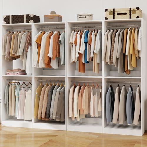 Secilix Closet System, 8FT Wood Closet Storage Organizer System with 12 Hanging Rods, 81 Tall Modular Closet System,Standalone Walk In Closet System,Set of 4, White