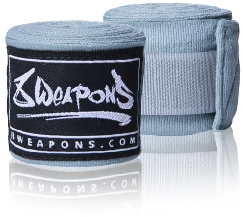 8 WEAPONS Boxbandagen 3.5m, Halbelastisch, Grau, Ideal für Training und Wettkampf, Verstärkter Klettverschluss, Bandagen für Muay Thai, K1, Boxen, MMA und Kickboxen