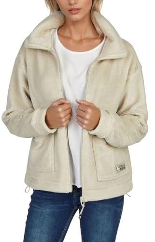 DENIMFY Fleecejacka dam normal passform DFKira teddyfleece vinterjacka övergångsjacka ståkrage svart beige brun S M L XL XXL, Milky beige, M
