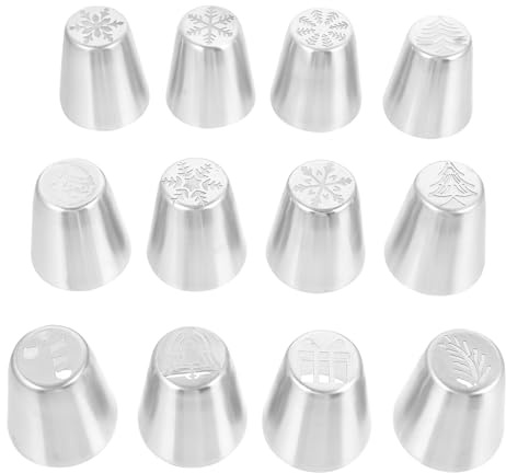 HIAKDOFT 12pcs Stainless Steel Christmas Piping Nozzles Set for Cake Decorating, Icing Tips Kit for DIY Cupcakes and Pastries, Kitchen Baking Supplies