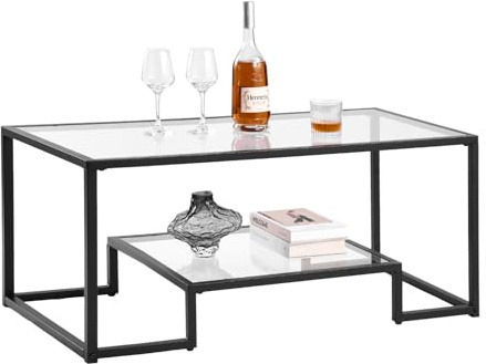 VEVOR Mesa Auxiliar de Cristal Templado, Rectangular, con Dos Niveles y Espacio de Almacenamiento Abierto, Diseño Moderno con Estructura Metálica, para Salón u Oficina, 100 x 51 x 46 cm, Negro
