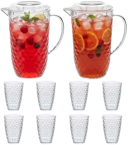 UNIQUE HOME LIVING Clear Acrylic Pitcher 2 Litre Water Jug with Lid, BPA-Free, 2 Juice Jugs with 8 Cups Set for Iced Tea, Lemonade, Cocktails, Cold Beverage Carafe for Fridge - Diamond Design