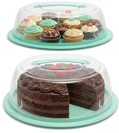 EPISENT Large Cake Carrier with 2 Lids, 11 Inch Round Cake & Cupcake Storage Box, Lockable Plastic Container with Handle for Transporting Home Baking